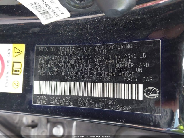 43564736 :رقم المزاد ، 58ABK1GG5JU097559 vin ، 2018 Lexus Es 350 مزاد بيع