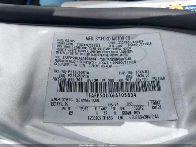 2006 FORD TAURUS 1FAFP53UX6A105834 Photo 8