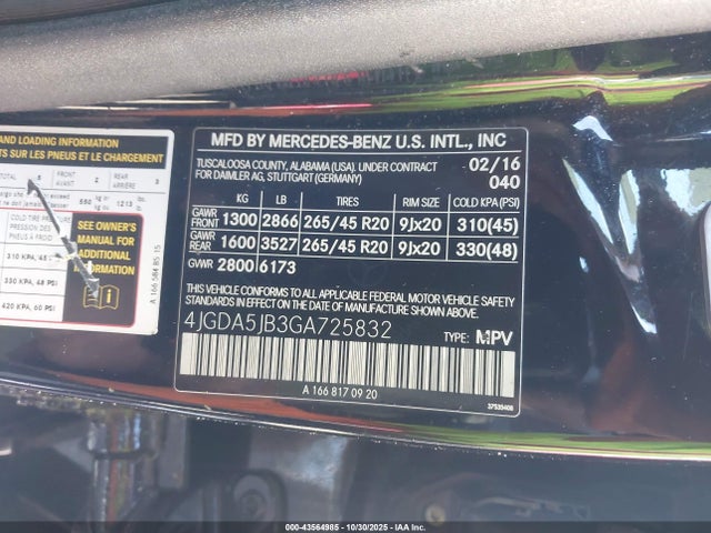 Продажа на аукционе авто 2016 Mercedes-benz Gle 350, vin: 4JGDA5JB3GA725832, номер лота: 43564985