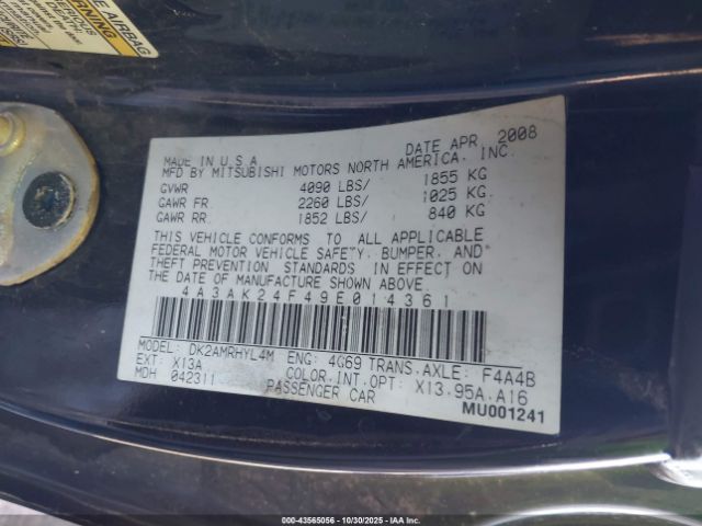 2009 MITSUBISHI ECLIPSE 4A3AK24F49E014361 Photo 8