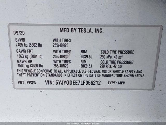 2020 TESLA MODEL Y 5YJYGDEE7LF056212 Photo 8