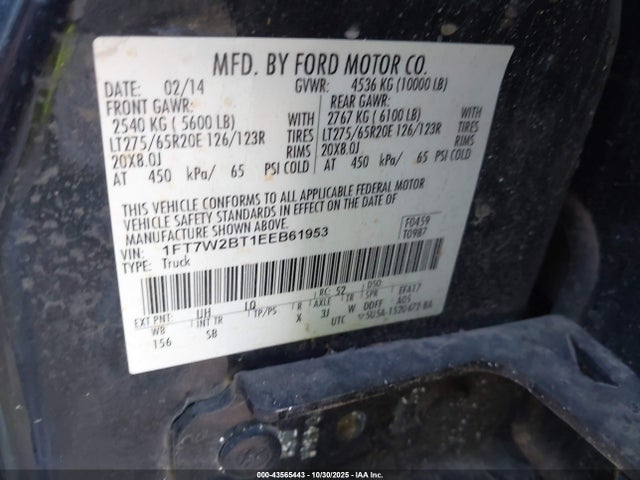 Aukcja sprzedaży 2014 Ford F-250 Lariat, vin: 1FT7W2BT1EEB61953, numer aukcji: 43565443