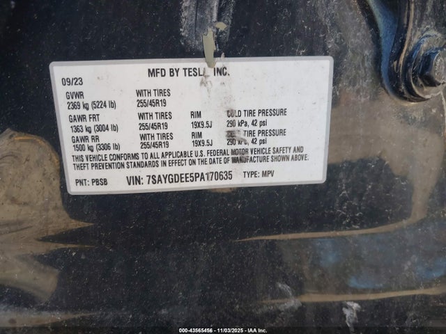 43565456 :رقم المزاد ، 7SAYGDEE5PA170635 vin ، 2023 Tesla Model Y Awd/long Range Dual Motor All-wheel Drive مزاد بيع