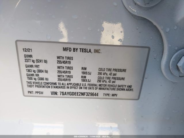 2022 TESLA MODEL Y 7SAYGDEE2NF329644 Photo 8