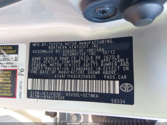 2012 TOYOTA CAMRY 4T4BF1FK8CR258920 Photo 8