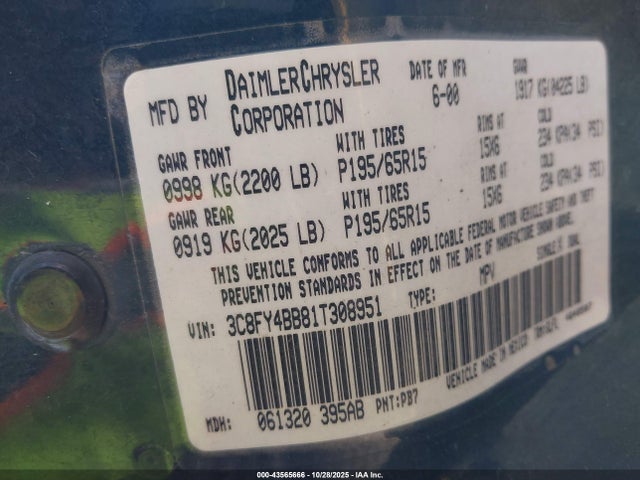 Aukcja sprzedaży 2001 Chrysler Pt Cruiser, vin: 3C8FY4BB81T308951, numer aukcji: 43565666