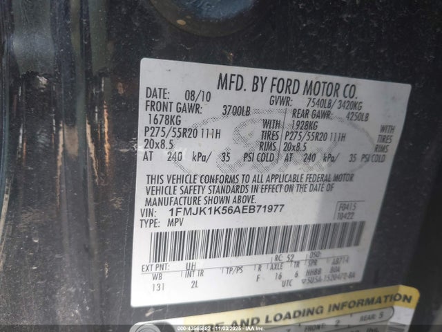 2010 Ford Expedition El Limited მანქანა იყიდება აუქციონზე, vin: 1FMJK1K56AEB71977, აუქციონის ნომერი: 43565882