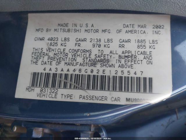 2002 MITSUBISHI GALANT 4A3AA46G02E125547 Photo 8