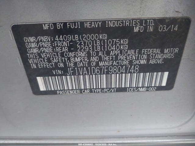 Продажа на аукционе авто 2015 Subaru Wrx Premium, vin: JF1VA1D67F9804748, номер лота: 43566002