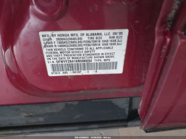 2006 HONDA PILOT 5FNYF28416B006694 Photo 8