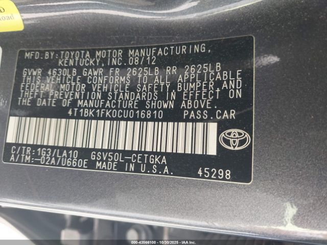 2012 TOYOTA CAMRY 4T1BK1FK0CU016810 Photo 8