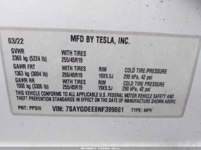 2022 TESLA MODEL Y 7SAYGDEE8NF399861 Photo 8