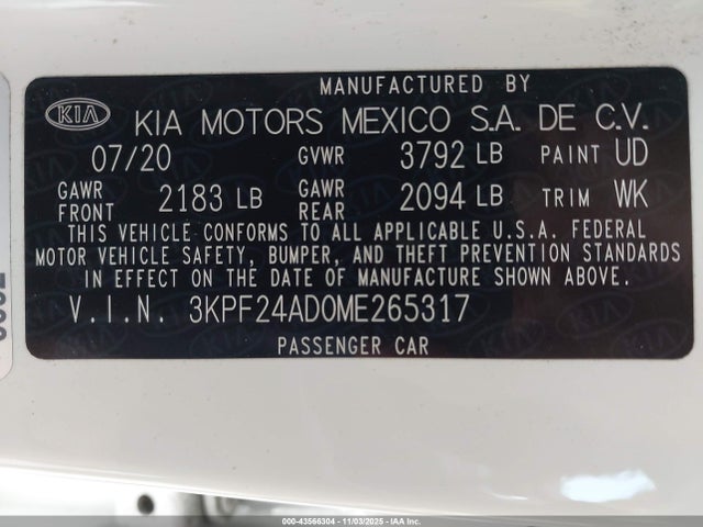 3KPF24AD0ME265317 KIA FORTE FE