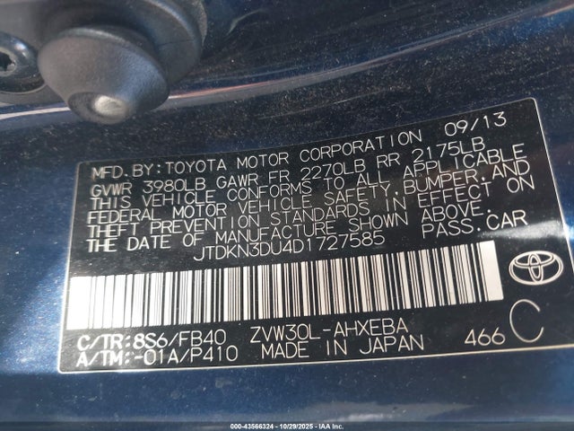 43566324 :رقم المزاد ، JTDKN3DU4D1727585 vin ، 2013 Toyota Prius Three مزاد بيع