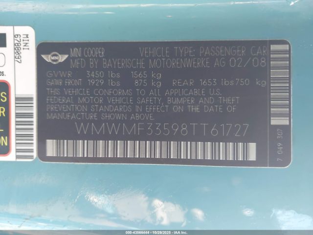 2008 MINI COOPER WMWMF33598TT61727 Photo 8