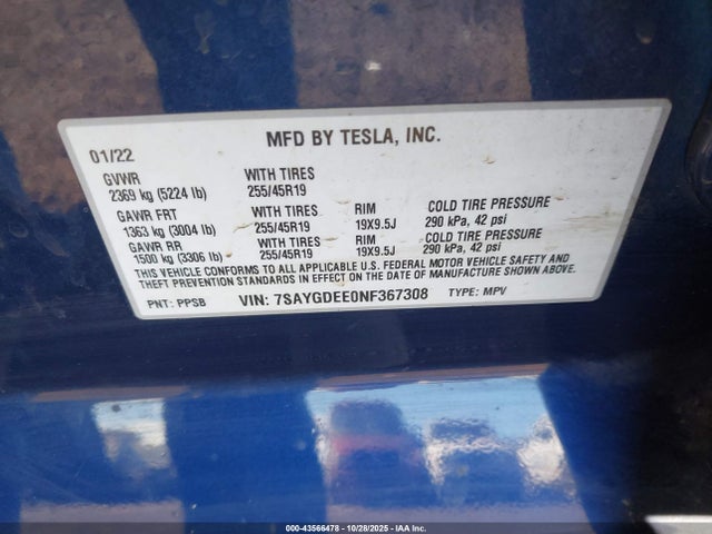 2022 TESLA MODEL Y 7SAYGDEE0NF367308 Photo 8