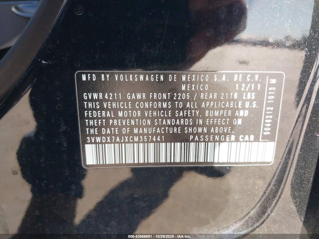 43566691 :رقم المزاد ، 3VWDX7AJXCM357441 vin ، 2012 Volkswagen Jetta 2.5l Se مزاد بيع