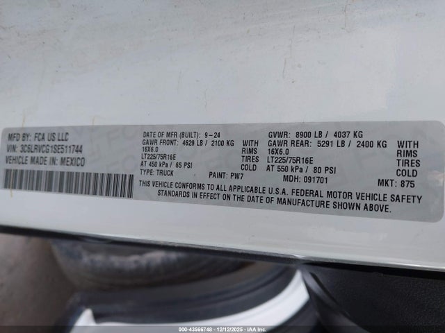2025 Ram Promaster 2500 Tradesman High Roof 136 Wb W/pass Seat მანქანა იყიდება აუქციონზე, vin: 3C6LRVCG1SE511744, აუქციონის ნომერი: 43566748