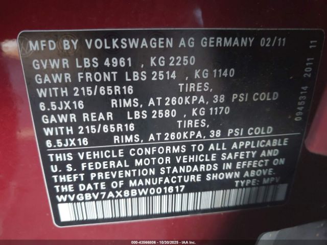 2011 VOLKSWAGEN TIGUAN WVGBV7AX8BW001617 Photo 8