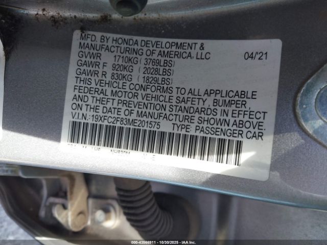 2021 HONDA CIVIC 19XFC2F83ME201575 Photo 8