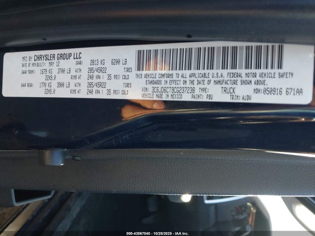 43567040 :رقم المزاد ، 3C6JD6CT9CG237238 vin ، 2012 Ram 1500 R/t مزاد بيع