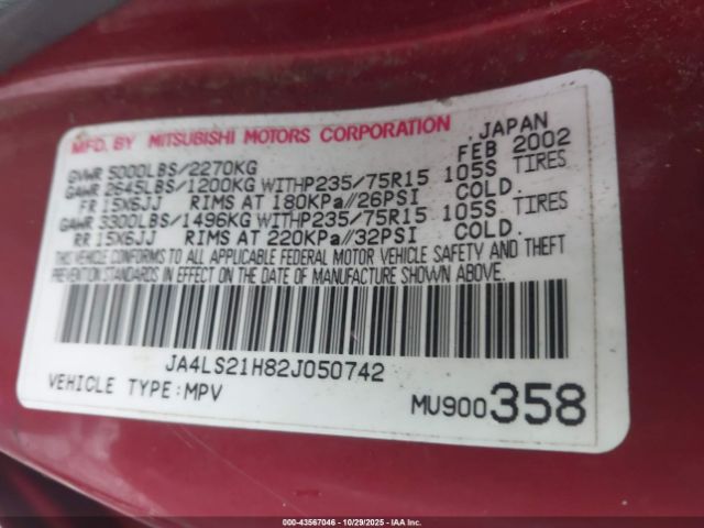 2002 MITSUBISHI MONTERO SPORT JA4LS21H82J050742 Photo 8