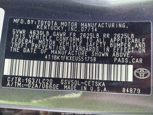 2014 Toyota Camry Se V6 მანქანა იყიდება აუქციონზე, vin: 4T1BK1FKXEU551758, აუქციონის ნომერი: 43567075