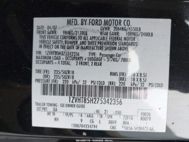 2007 FORD MUSTANG 1ZVHT85H275342356 Photo 8