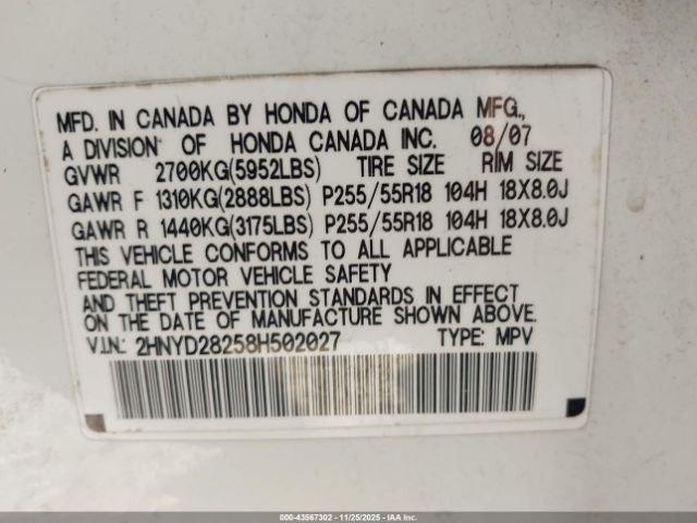 2008 ACURA MDX 2HNYD28258H502027 Photo 8