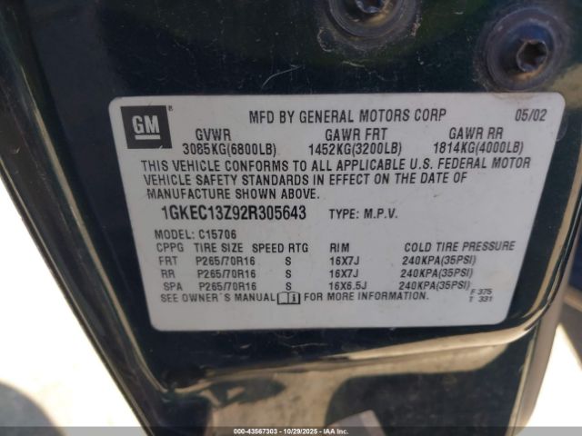 2002 GMC YUKON 1GKEC13Z92R305643 Photo 8