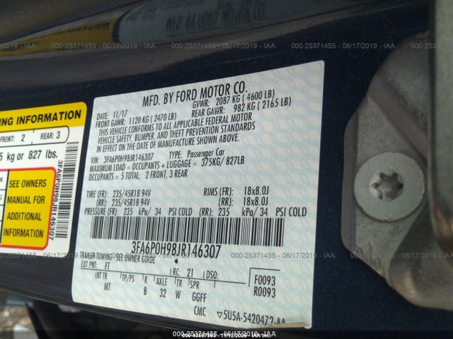 Ford FUSION SE 2018 3FA6P0H98JR146307 Image 9