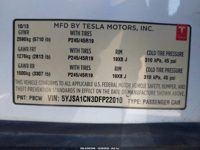 Aukcja sprzedaży 2013 Tesla Model S, vin: 5YJSA1CN3DFP22010, numer aukcji: 43567566