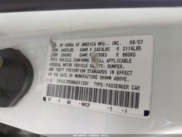 2008 ACURA TL 19UUA75598A011291 Photo 8