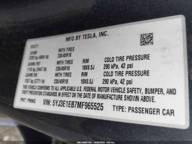 2021 TESLA MODEL 3 5YJ3E1EB7MF965525 Photo 8