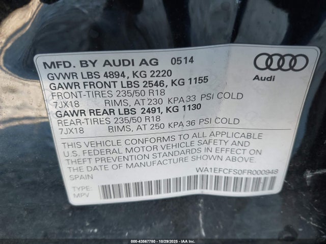Продажа на аукционе авто 2015 Audi Q3 2.0t Premium Plus, vin: WA1EFCFS0FR000948, номер лота: 43567780