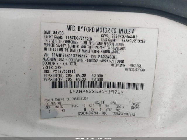 2003 FORD TAURUS 1FAHP55S63G219715 Photo 8