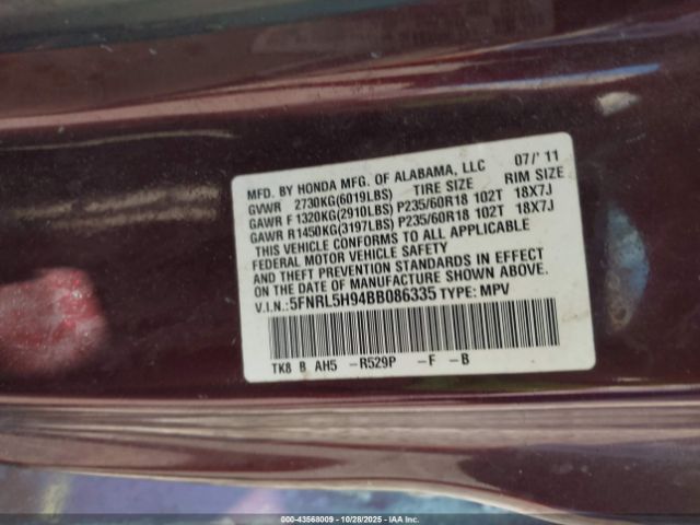 2011 HONDA ODYSSEY 5FNRL5H94BB086335 Photo 8