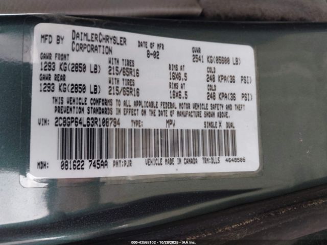 2003 CHRYSLER TOWN & COUNTRY 2C8GP64L63R108794 Photo 8