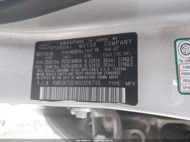 2006 Hyundai Tucson Gls/limited მანქანა იყიდება აუქციონზე, vin: KM8JN72D96U308716, აუქციონის ნომერი: 43568110