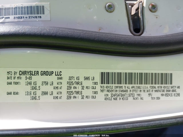 43568350 :رقم المزاد ، 3D4PG4FBXAT118753 vin ، 2010 Dodge Journey Se مزاد بيع