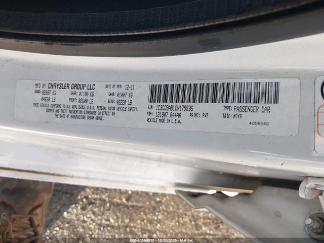 43568510 :رقم المزاد ، 1C3CCBAB1CN179936 vin ، 2012 Chrysler 200 Lx مزاد بيع