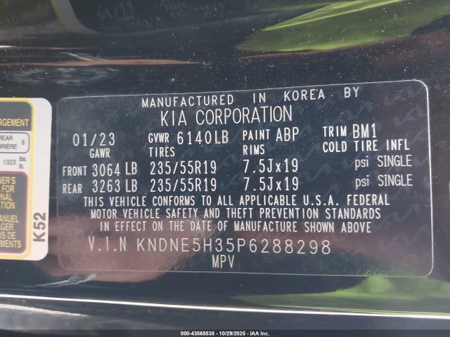 Auction sale of the 2023 Kia Carnival Mpv Sx Prestige, vin: KNDNE5H35P6288298, lot number: 43568538