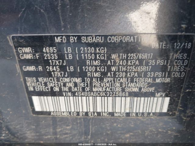 2019 SUBARU OUTBACK 4S4BSABC6K3275868 Photo 8