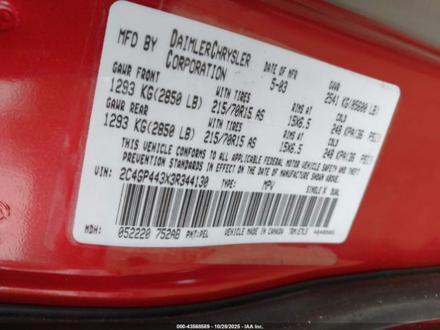 2003 CHRYSLER TOWN & COUNTRY 2C4GP443X3R344130 Photo 8