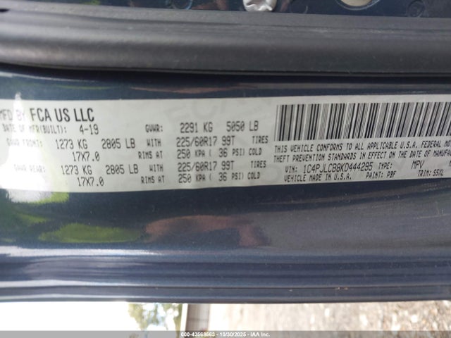 43568663 :رقم المزاد ، 1C4PJLCB8KD444295 vin ، 2019 Jeep Cherokee Latitude Fwd مزاد بيع