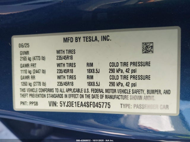 2025 TESLA MODEL 3 5YJ3E1EA4SF045775 Photo 8