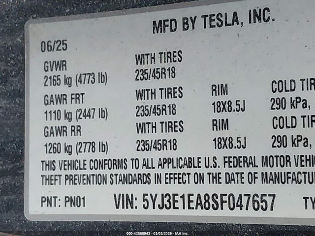 Продаж на аукціоні авто 2025 Tesla Model 3, vin: 5YJ3E1EA8SF047657, номер лоту: 43568943
