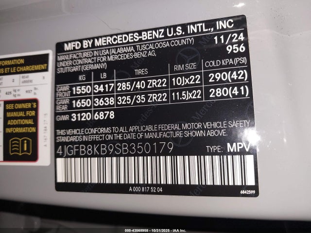 Продажа на аукционе авто 2025 Mercedes-benz Amg Gle 63 S 4matic+, vin: 4JGFB8KB9SB350179, номер лота: 43568958