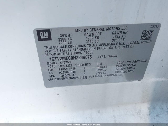 43569078 :رقم المزاد ، 1GTV2MEC0HZ249075 vin ، 2017 Gmc Sierra 1500 Sle مزاد بيع