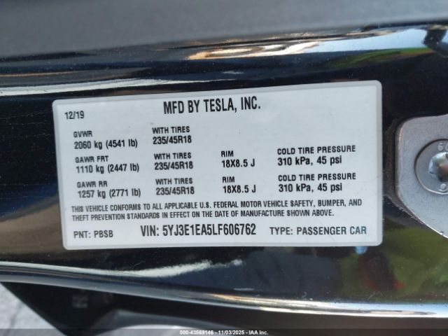 2020 TESLA MODEL 3 5YJ3E1EA5LF606762 Photo 8